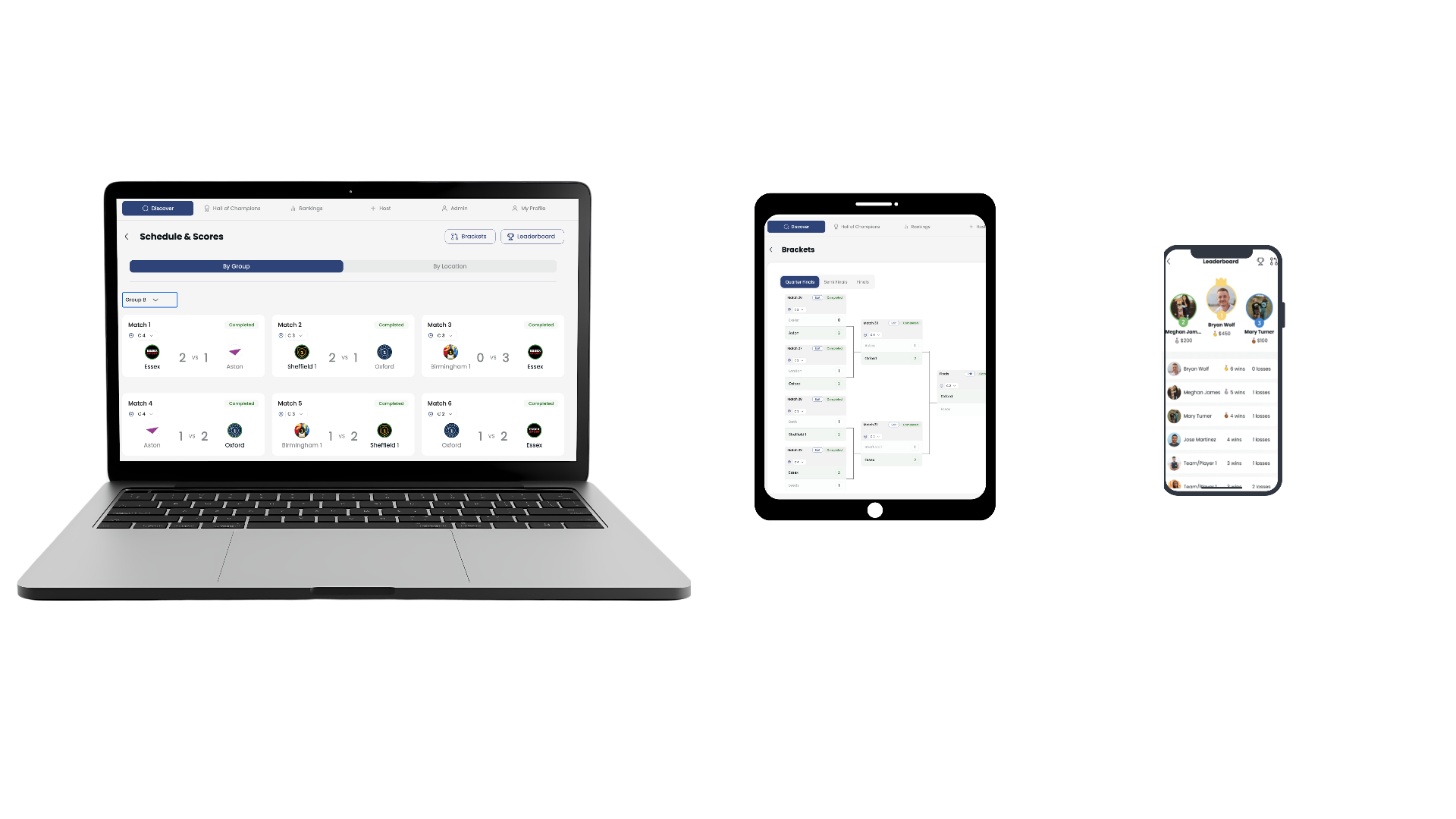 Schoolyard Social platform on laptop, tablet, and phone — schedules, brackets, and leaderboards