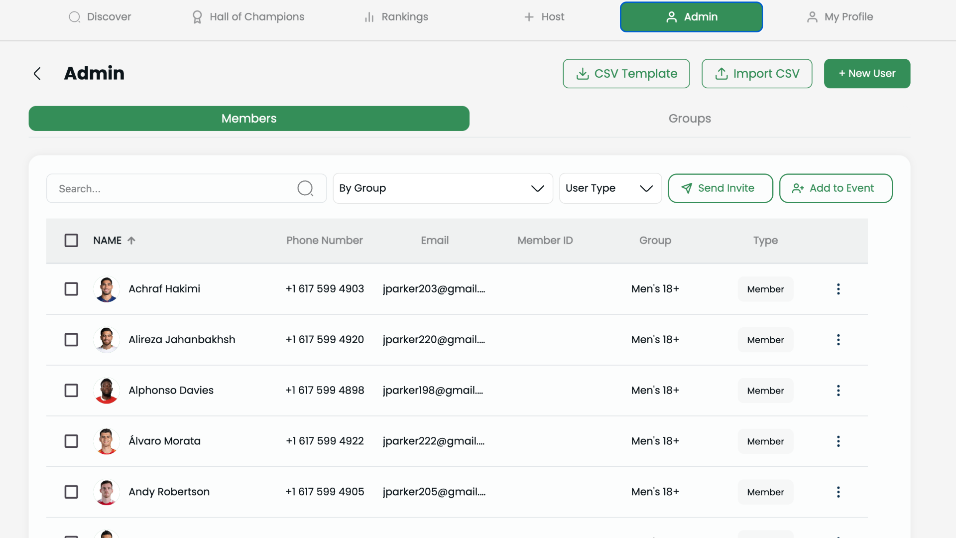 Member communications dashboard sending targeted updates and invites to player groups