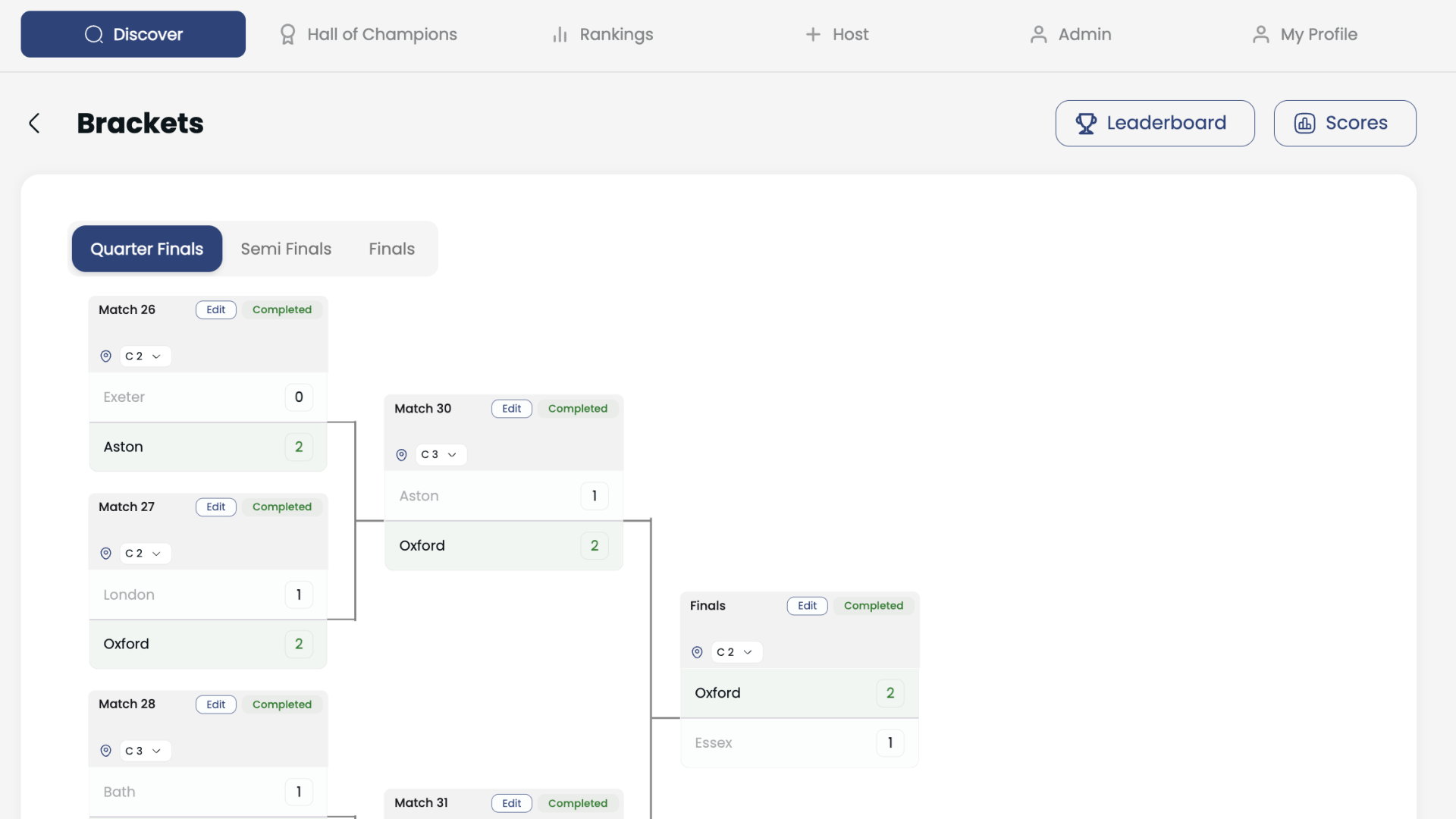 Single-elimination tournament bracket with a live match highlighted